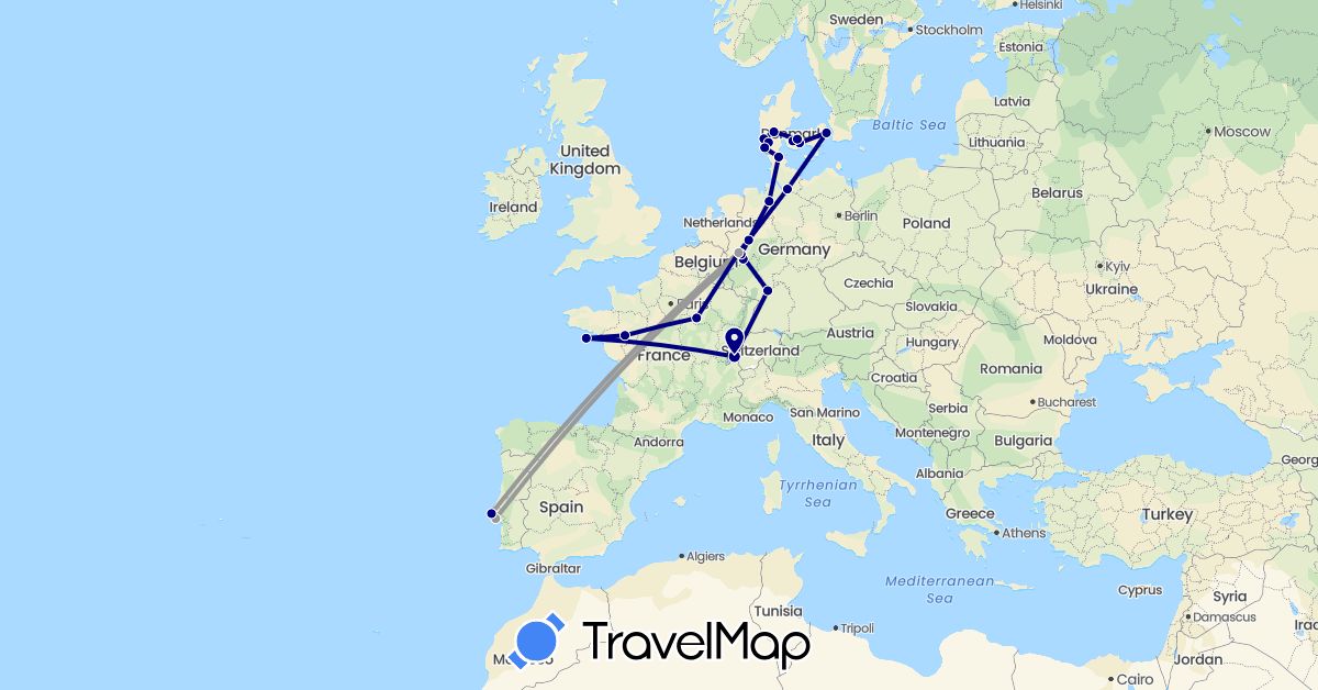 TravelMap itinerary: driving, plane in Switzerland, Germany, Denmark, France, Portugal (Europe)